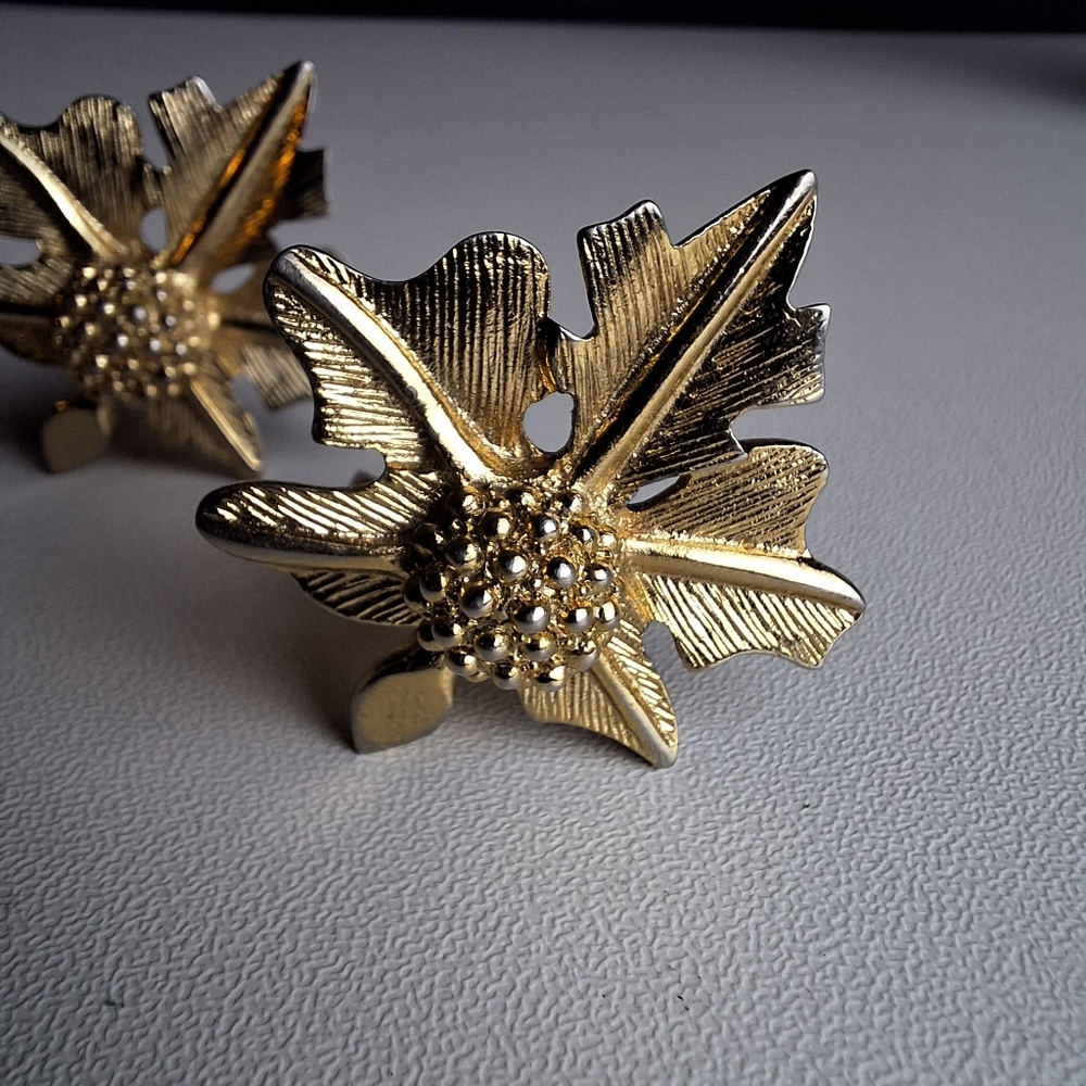 Vintage Pandora Clip On Earrings Floral Leaves Clip On Gold Tone Signed Estate View 3